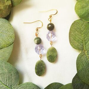 Woodland Serpentine & Lilac Glass Drop Earrings, 24k Gold Plated Stainless Hooks